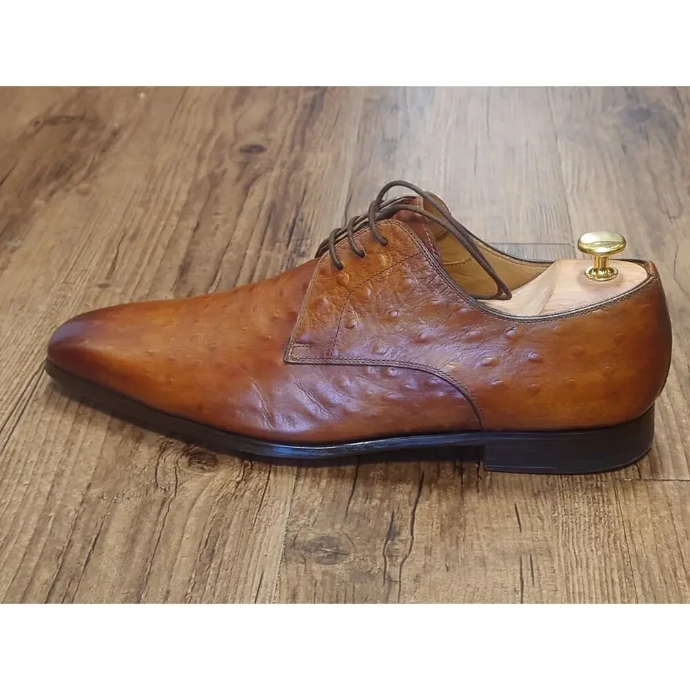 Magnanni Men’s 10M Light Brown Burnished Ostrich Stamped Leather Dress Shoes